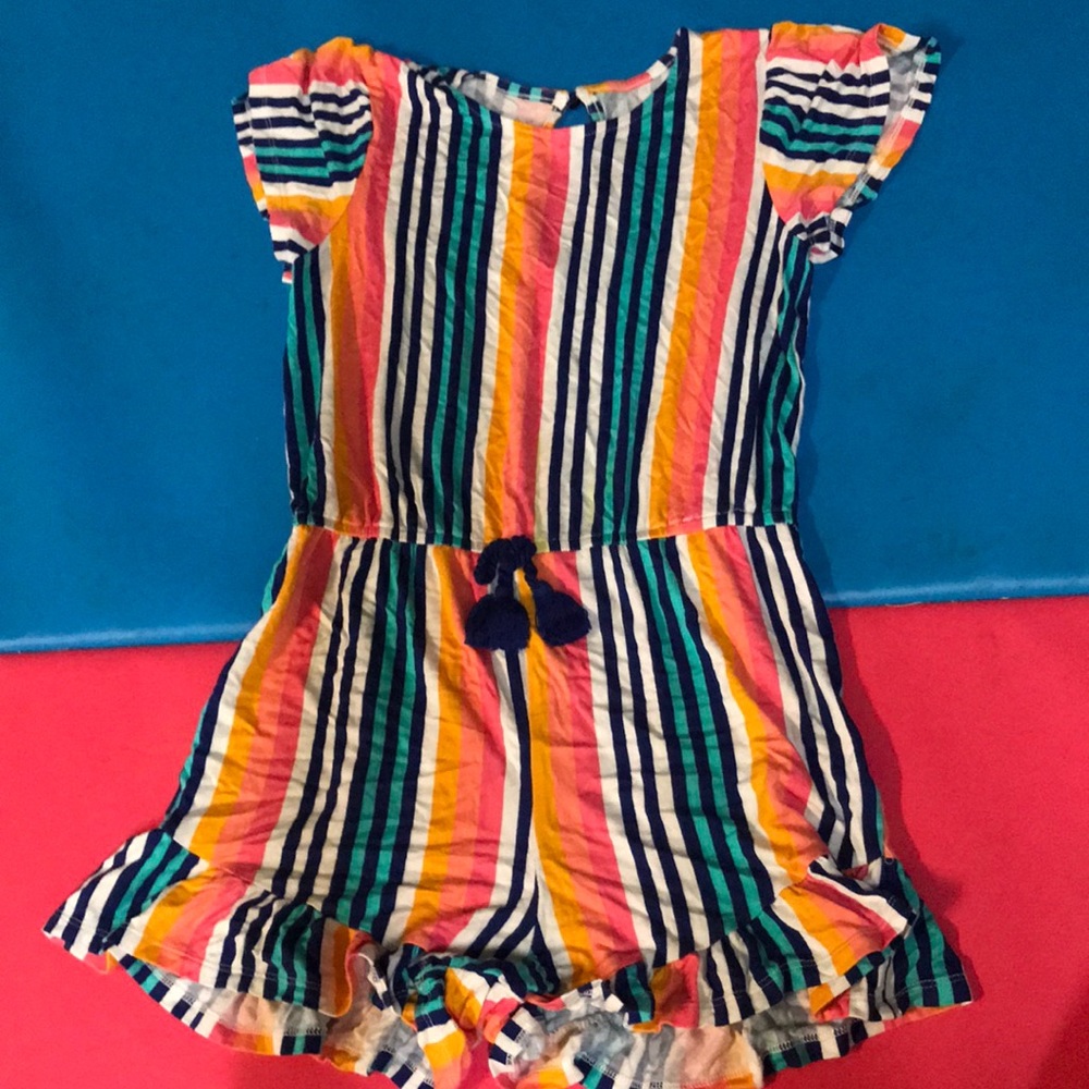 girls stripped romper with ruffle detailing
